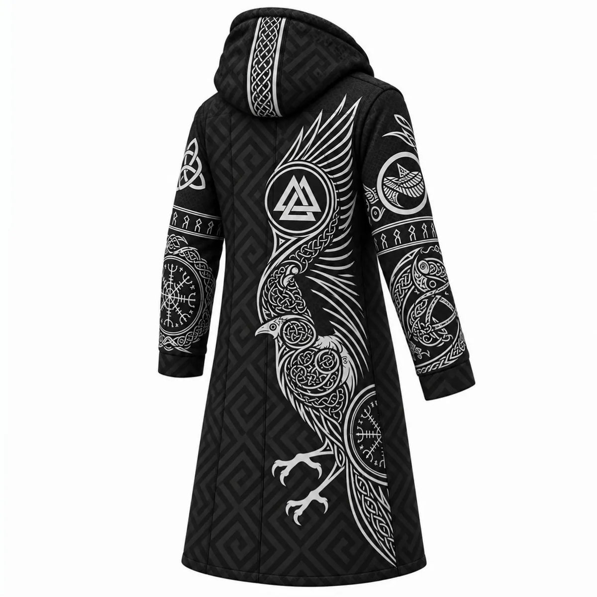 Black Gray Dragon Print Longline Hooded Fleece Coat