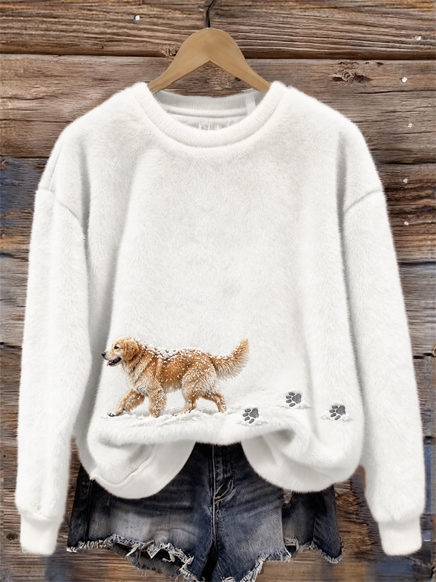 Women's Golden Retriever Dog in the Snow & Paw Prints Cozy Flannel Sweatshirt