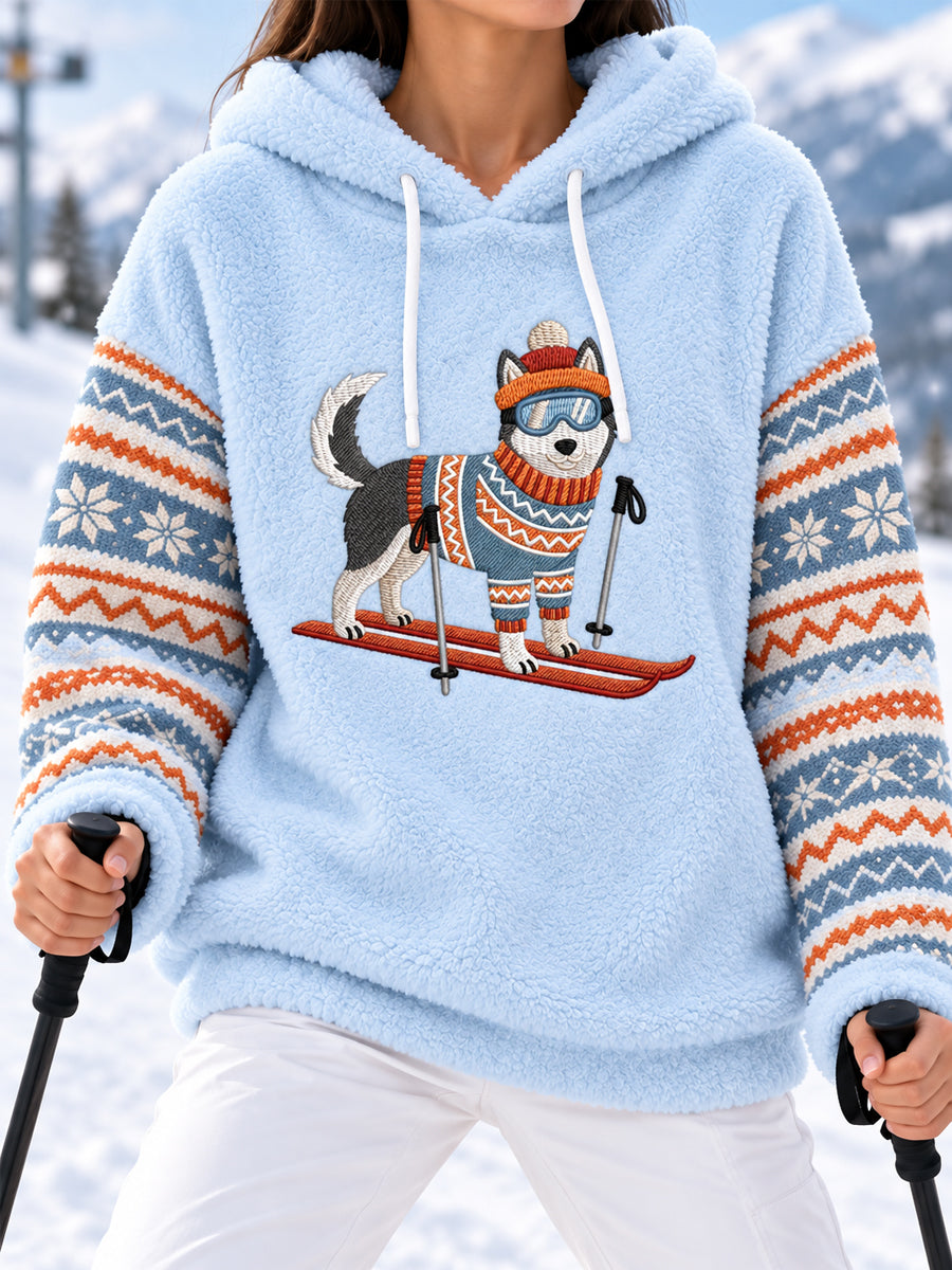 Women's Cute Funny Dog Skiing Print Casual Flannel Hoodie