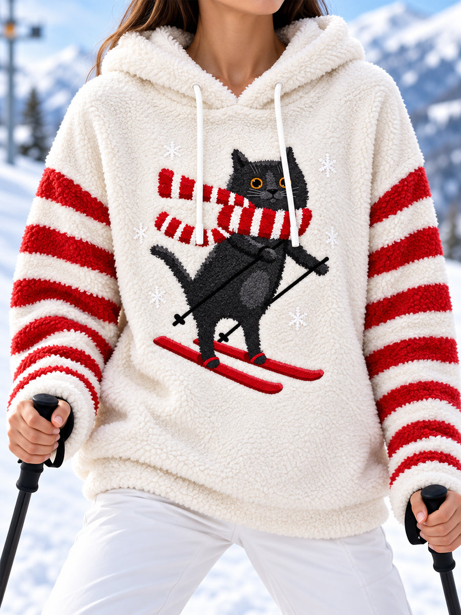 Women's Cute Funny Black Cat Skiing Print Casual Flannel Hoodie