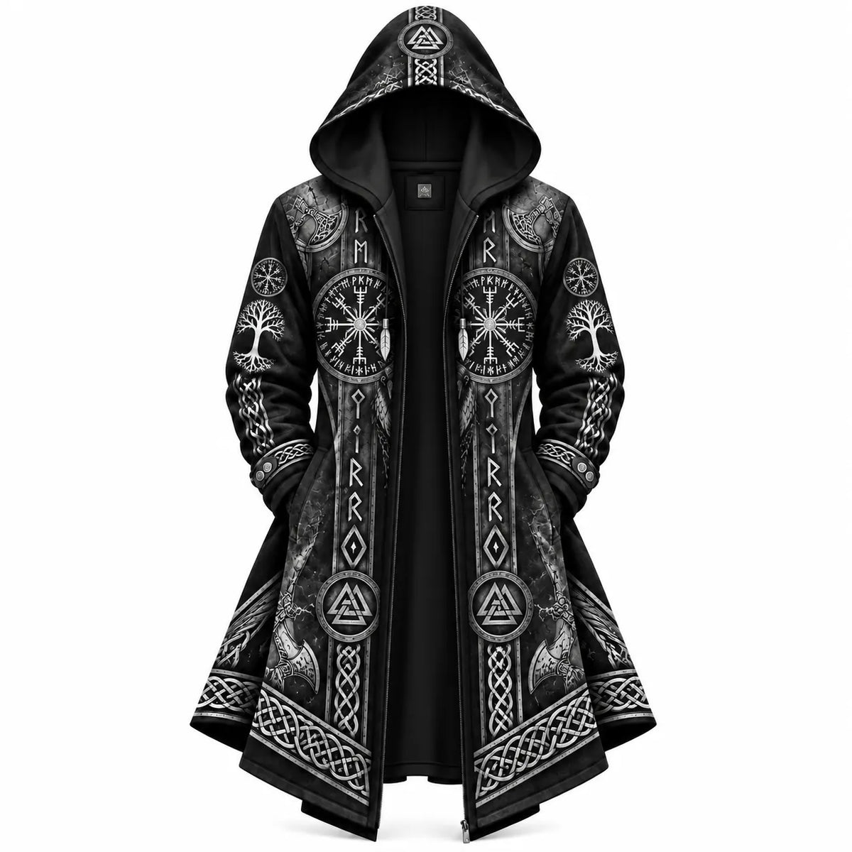 Black Viking Compass Raven Zip-Up Hooded Jacket