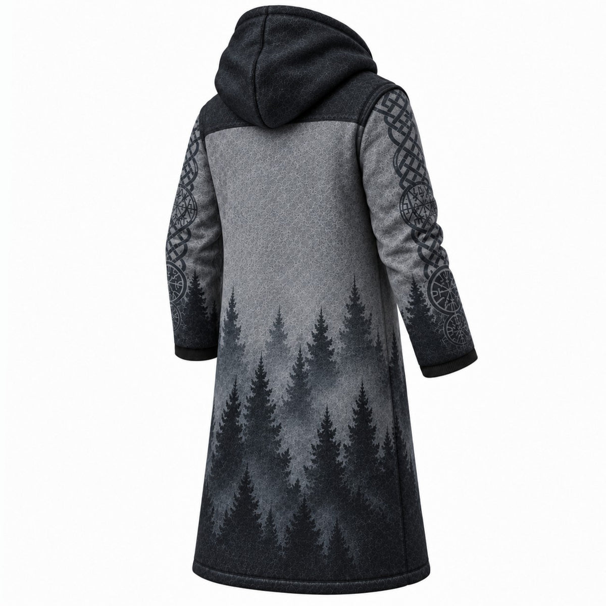 Slate Blue Gray Rune Print Longline Hooded Fleece Coat