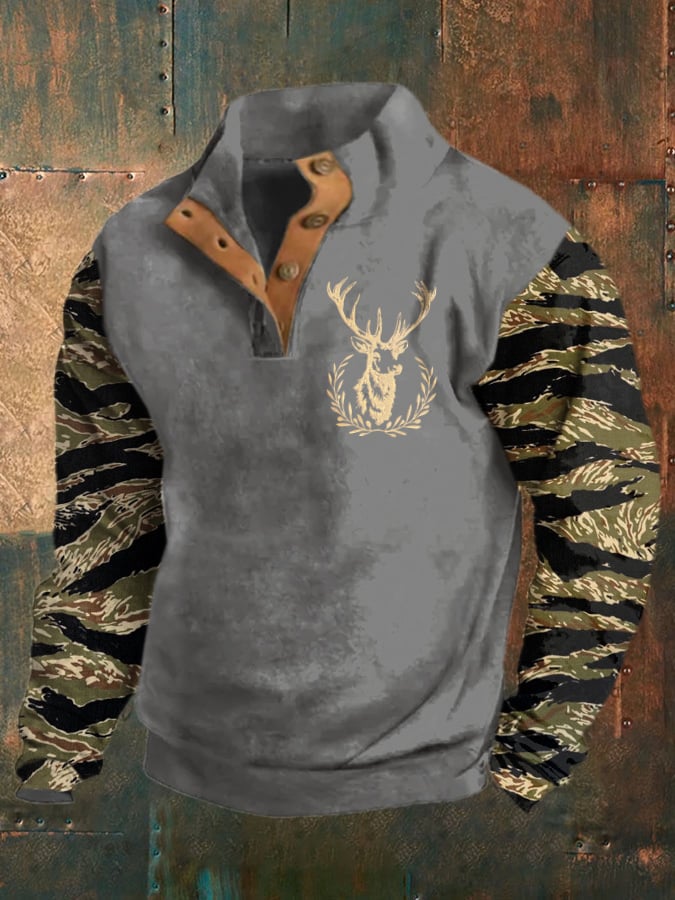 Men's Vintage Western Print Stand Collar Button-Down Sweatshirt