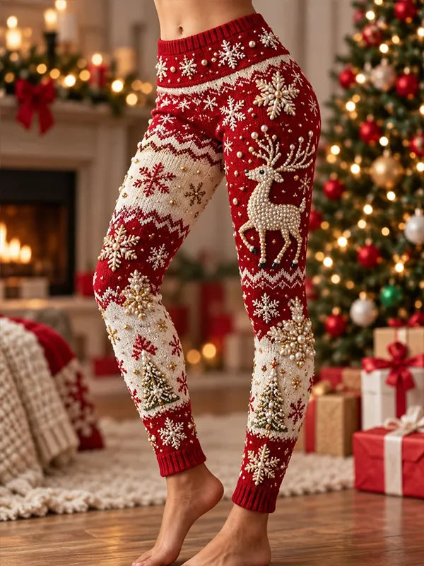 Women's Pearl Reindeer Snowflake Christmas Tree Art Print Leggings