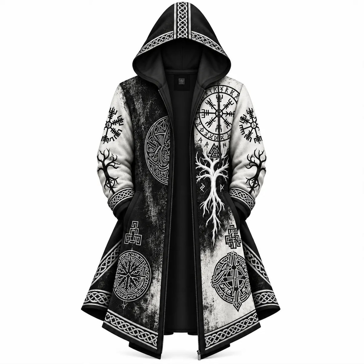 Black White Viking Rune Tree Zip-Up Hooded Jacket