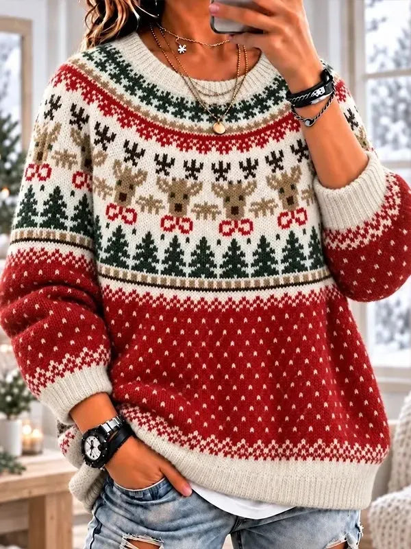 Women's Reindeer Pine Tree Snowflake Jacquard Christmas Print Knit Sweater