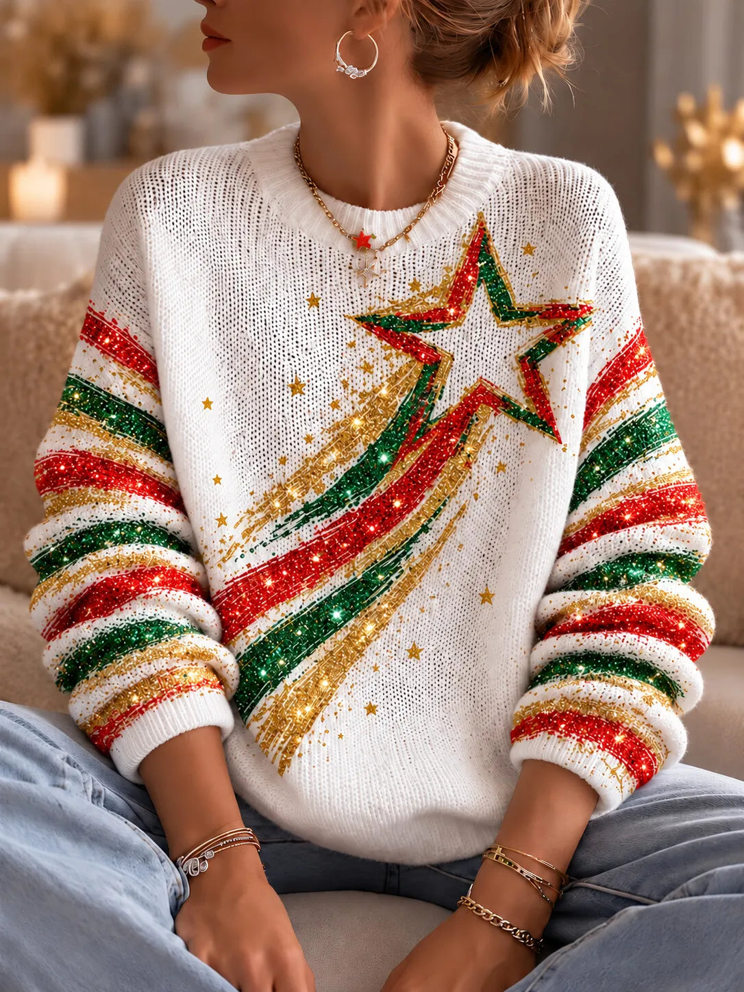 Women's Glitter Shooting Star Christmas Art Print Knit Sweater
