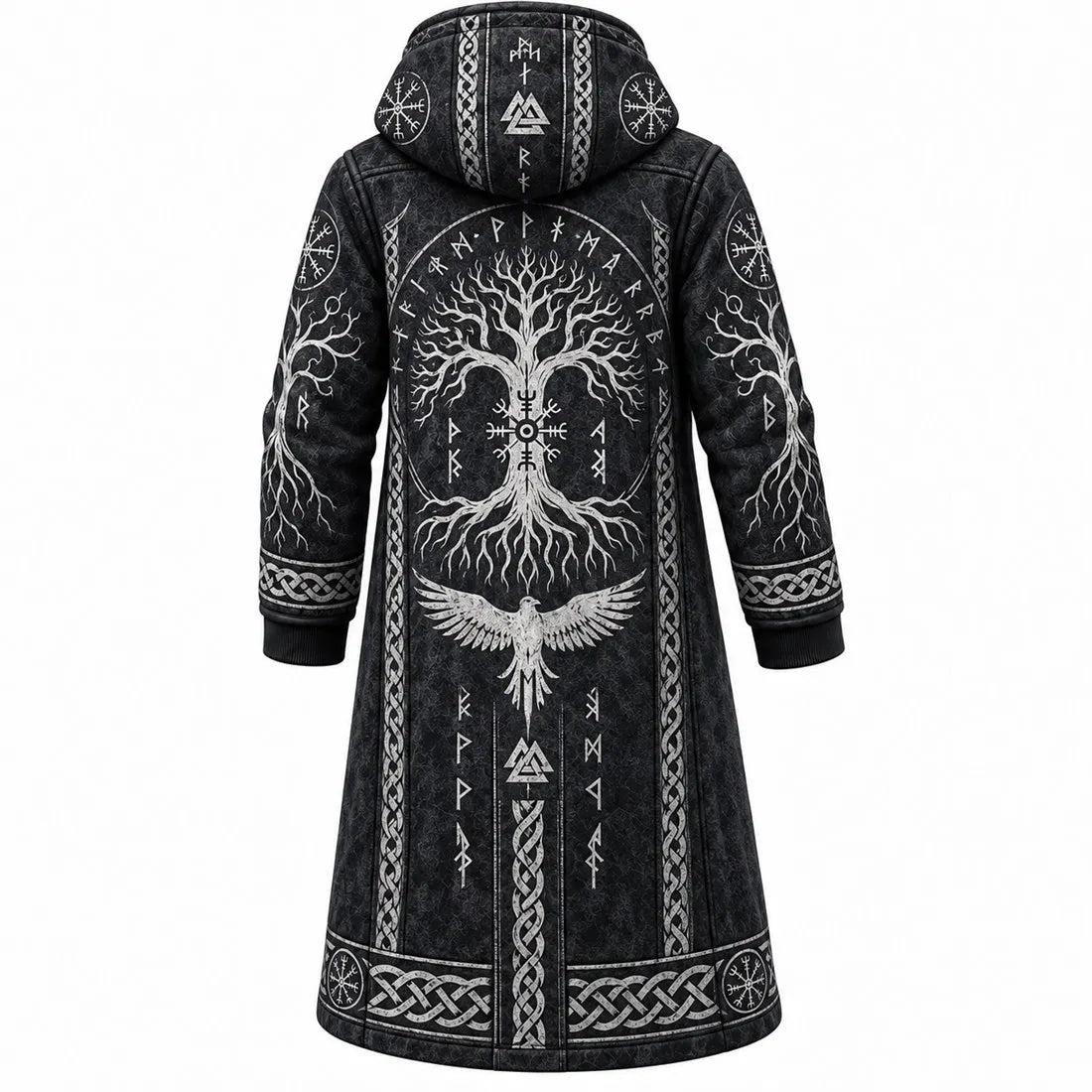 Black Viking Tree Raven Fleece-Lined Long Coat