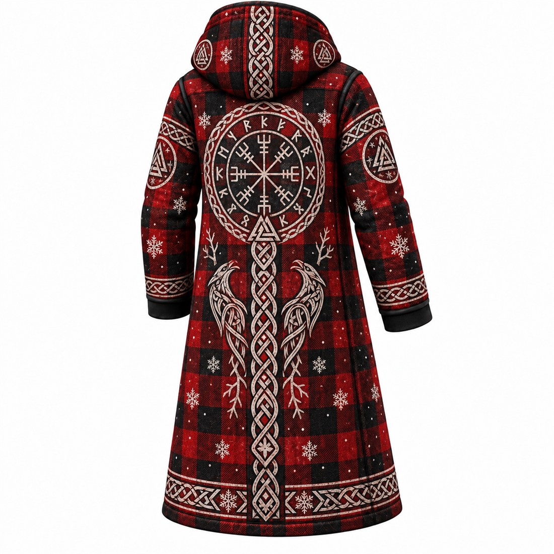Red Viking Rune Plaid Fleece-Lined Long Coat