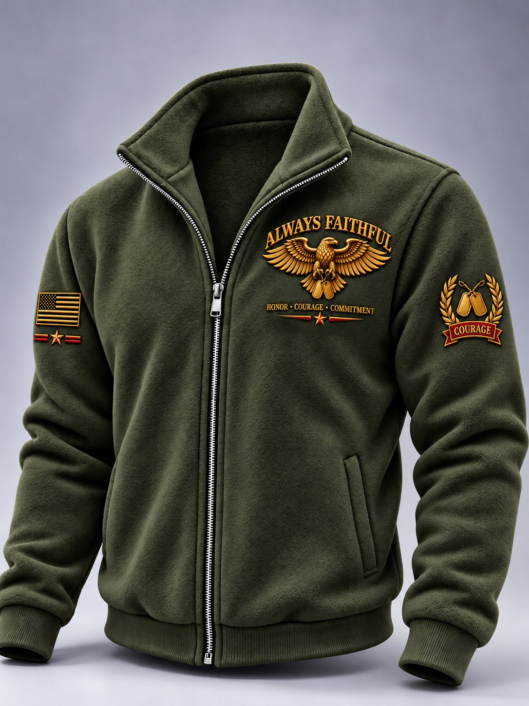 Men's Vintage U.S Veteran Art Print Zip-Up Stand Collar Jacket