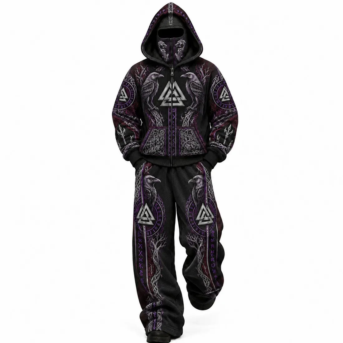 Black Viking Raven Mask Hoodie Set