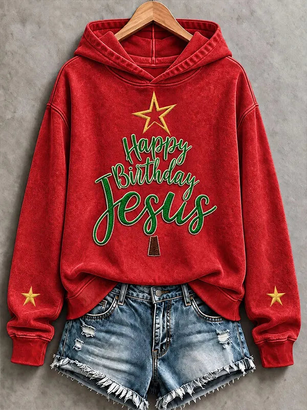 Women's Happy Birthday Jesus Christmas Tree Art Print Hoodie