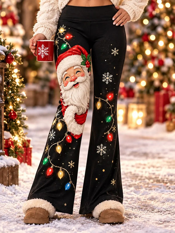 Women's Santa Claus Colorful Light Bulb Snowflake Christmas Print Casual Pants