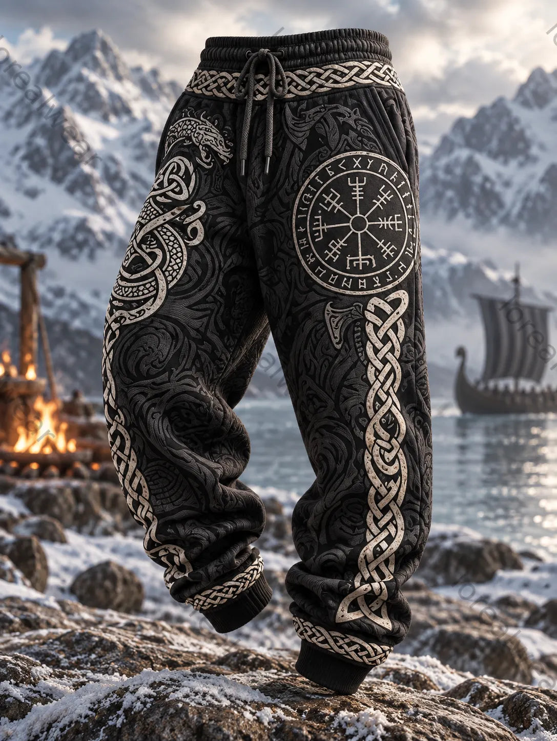 Men's Retro Viking Vegvisir Wolf Pants