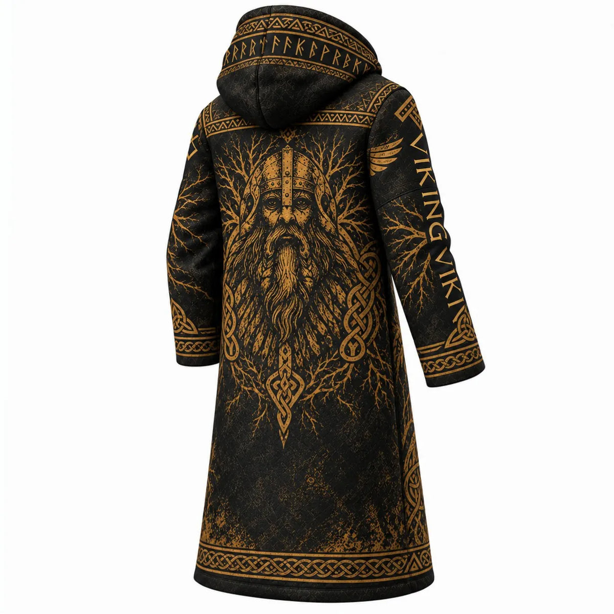 Black Gold Norse Symbol Print Longline Hooded Fleece Coat