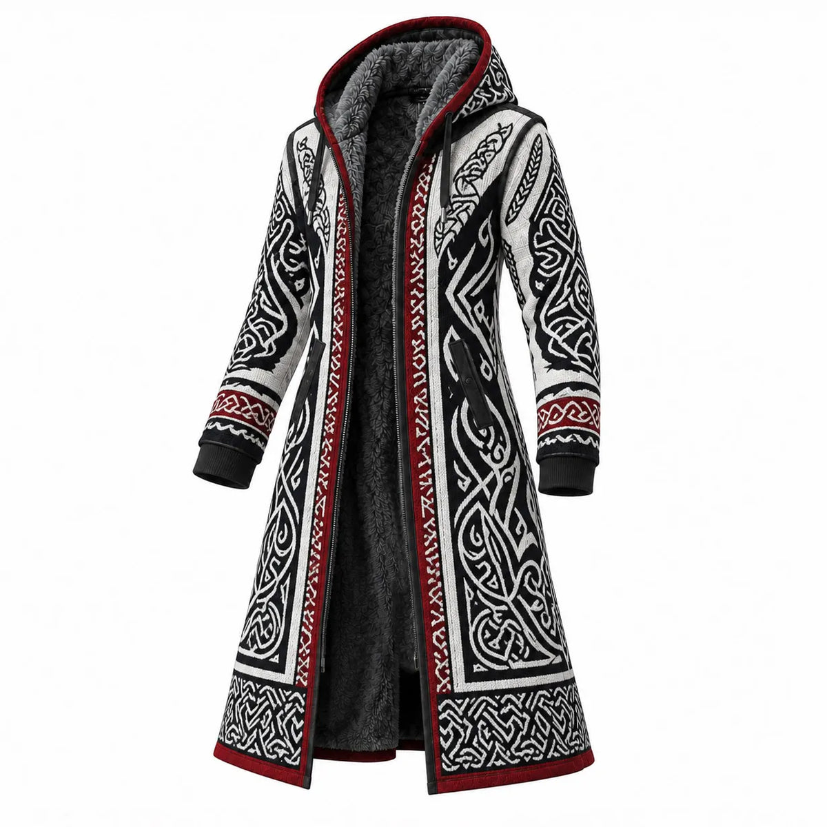 Black White Red Raven Print Longline Hooded Fleece Coat
