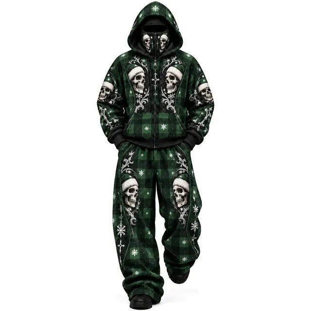 Gothic Skeleton Plaid Mask Hoodie Tracksuit Set