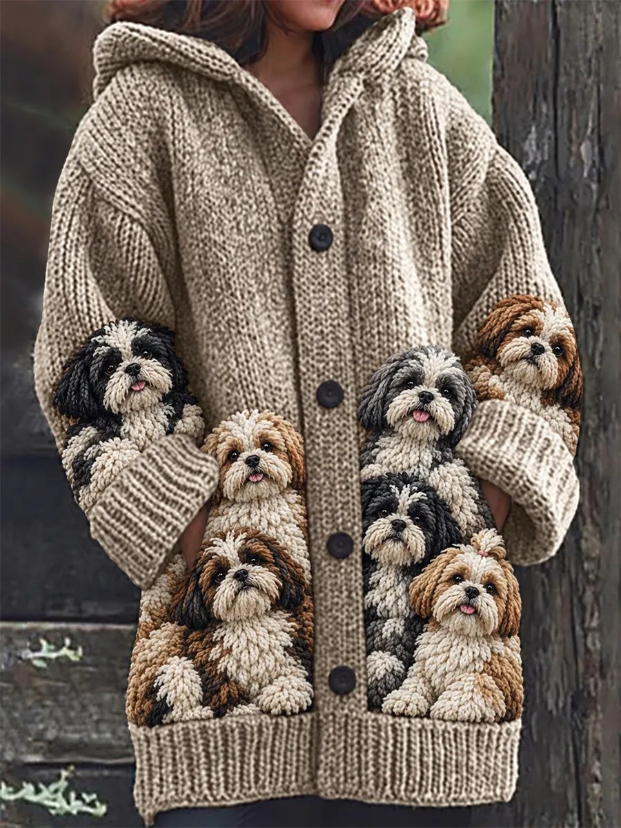 Women's Crowded Shih Tzu Dogs Print Cozy Composite Fleece Long Coat