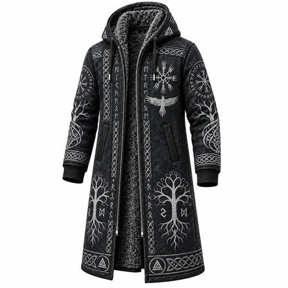 Black Viking Tree Raven Fleece-Lined Long Coat