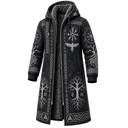 Black Viking Tree Raven Fleece-Lined Long Coat