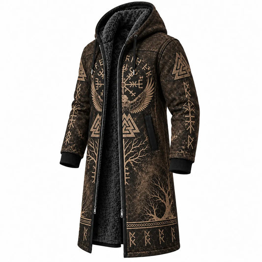 Brown Beige Rune Print Longline Hooded Fleece Coat