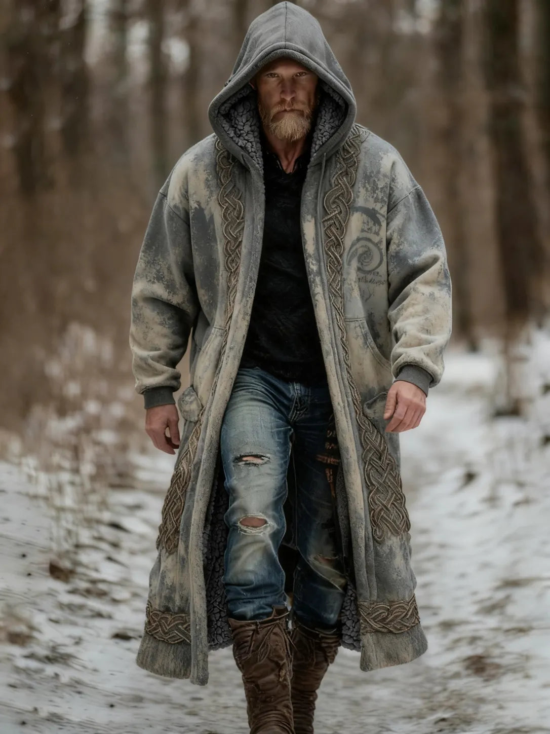 Viking Retro Printed Fleece-Lined Hooded Jacket
