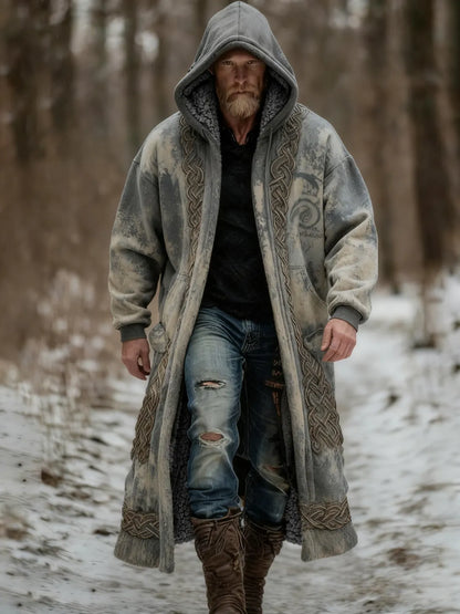 Viking Retro Printed Fleece-Lined Hooded Jacket