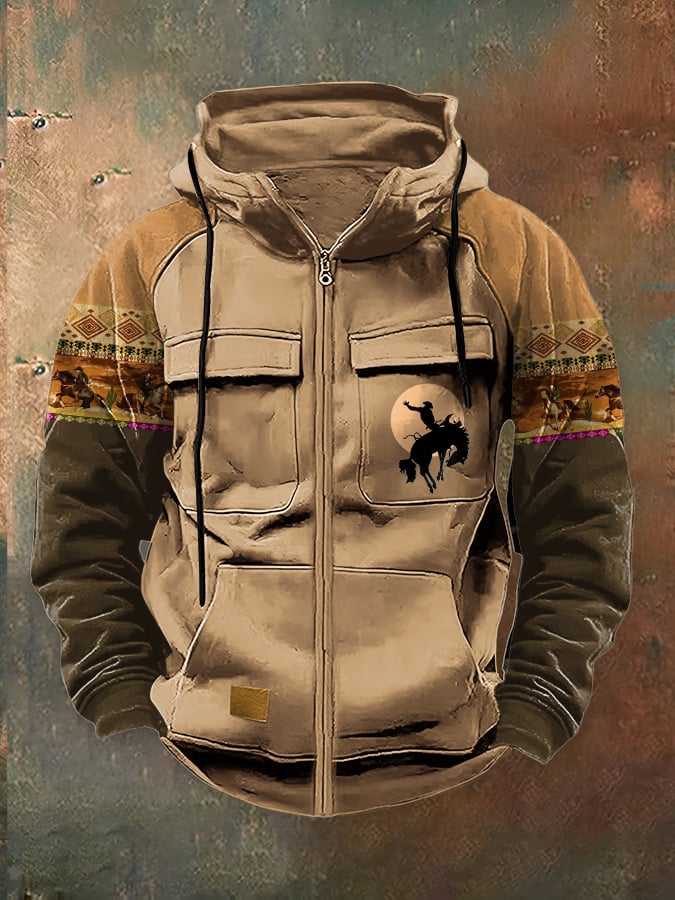 Men's Casual Retro Western Contrast Color Zipper Multifunctional Jacket