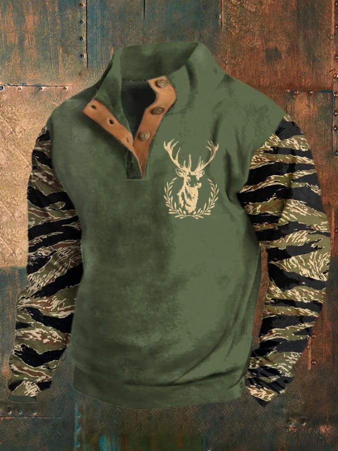 Men's Vintage Western Print Stand Collar Button-Down Sweatshirt