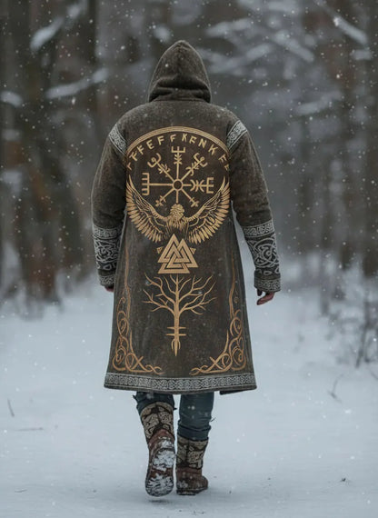 Viking-Style Totem Rune Printed Fleece-Lined Hooded Jacket