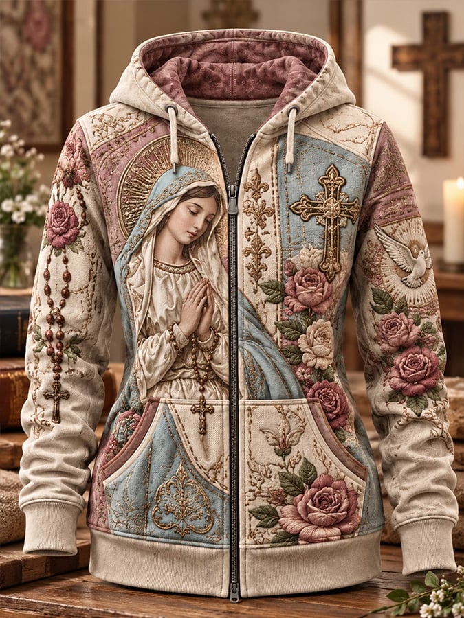 Women's Christian Floral Print Casual Zip-Up Hoodie