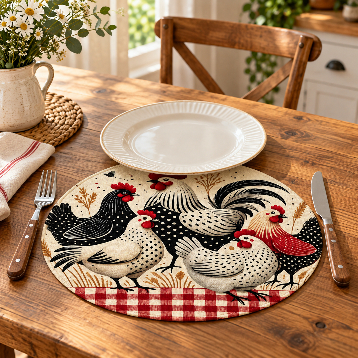 Farmhouse Rooster Round Placemat – Rustic Chicken Kitchen Table Decor