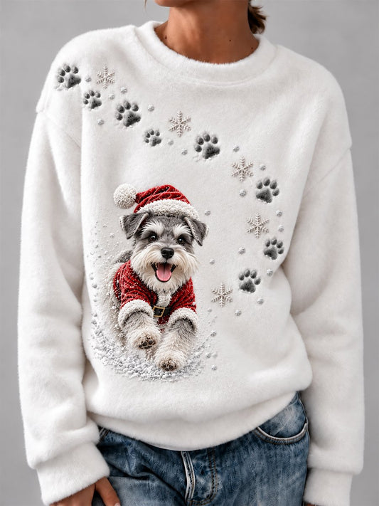 Women’s Cute Christmas Schnauzer-Print Comfy Flannel Sweatshirt
