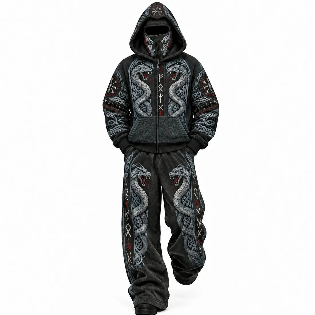 Black Viking Silver Serpent Mask Hoodie Set