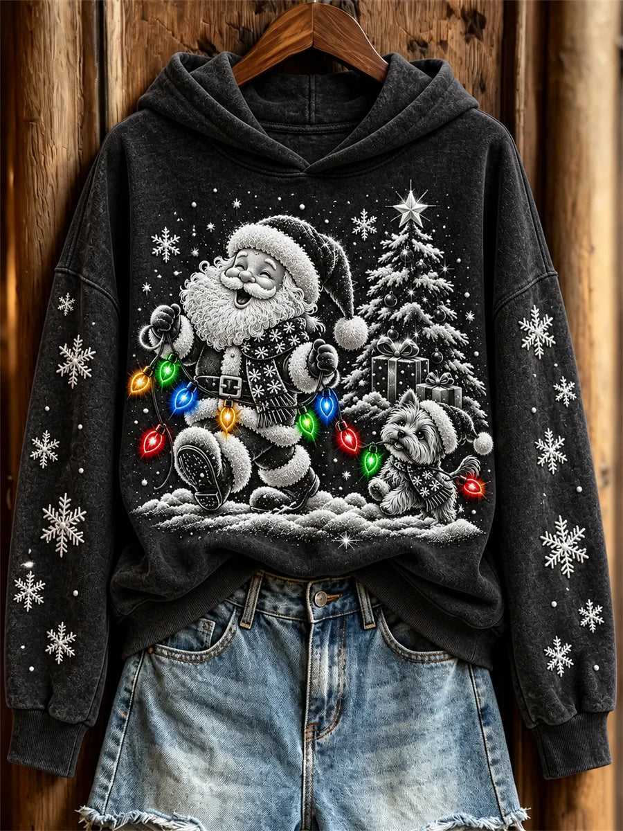 Women's Santa Claus & Yorkie Dog Colorful Christmas Lights Print Hoodie