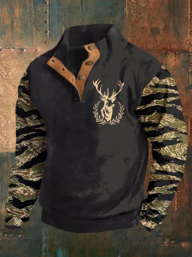 Men's Vintage Western Print Stand Collar Button-Down Sweatshirt