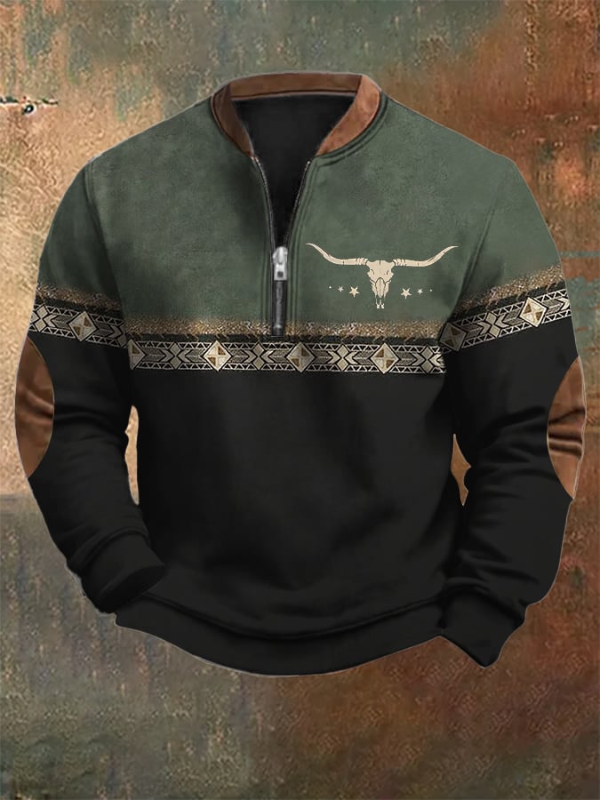 Men's Western Contrast Print Zip-Neck Sweatshirt