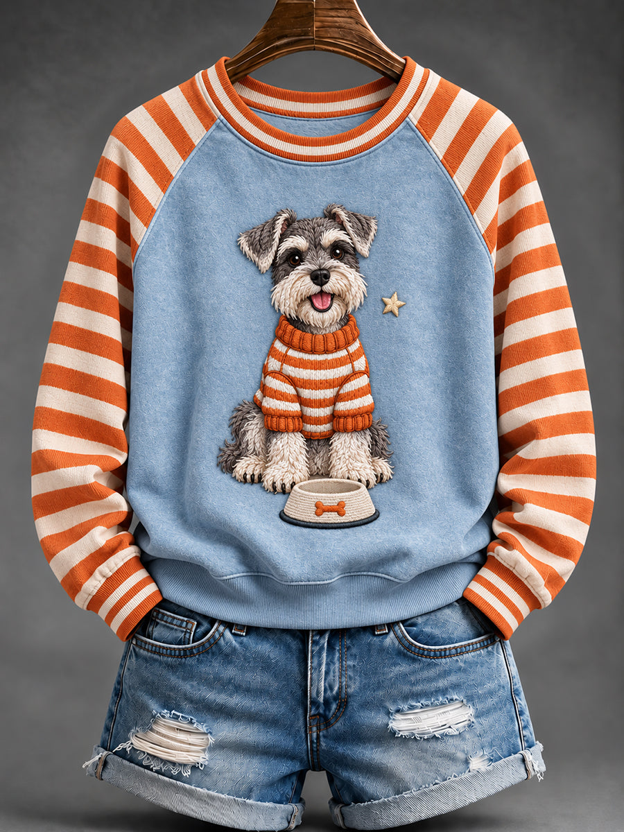 Women's Cute Schnauzer Dog Print Striped Raglan Sleeve Sweatshirt