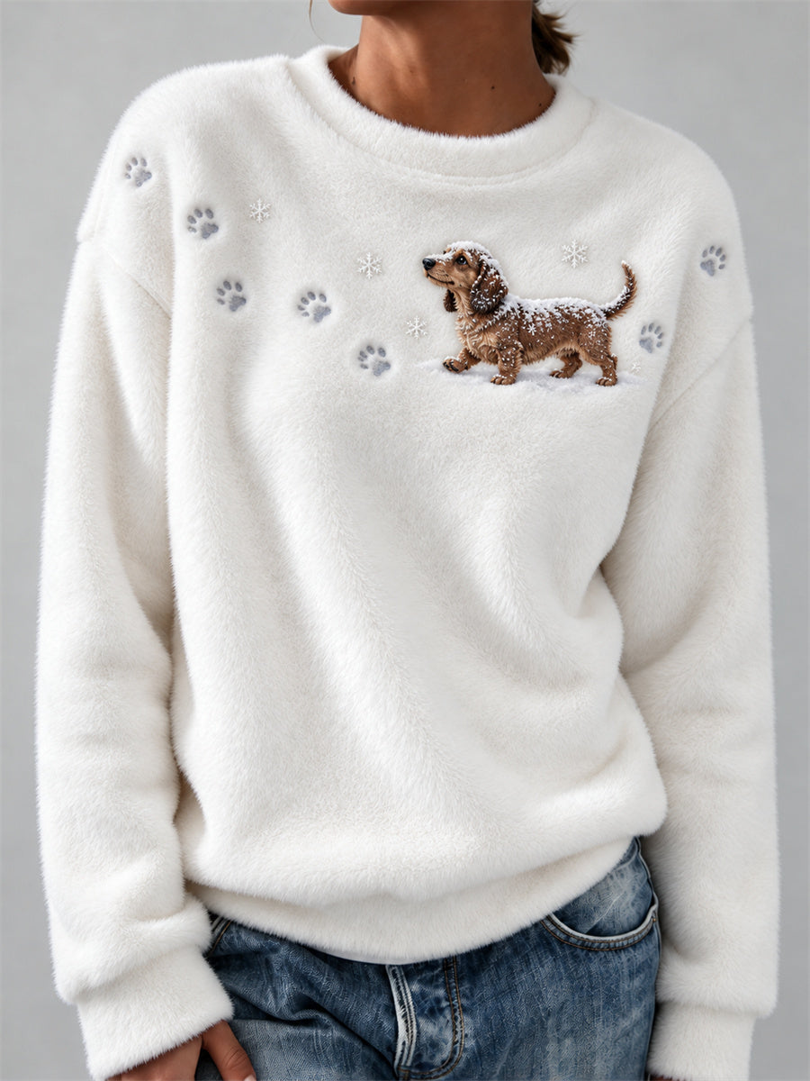 Women's Dachshund Dog in the Snow Paw Prints & Snowflakes Print Cozy Flannel Sweatshirt