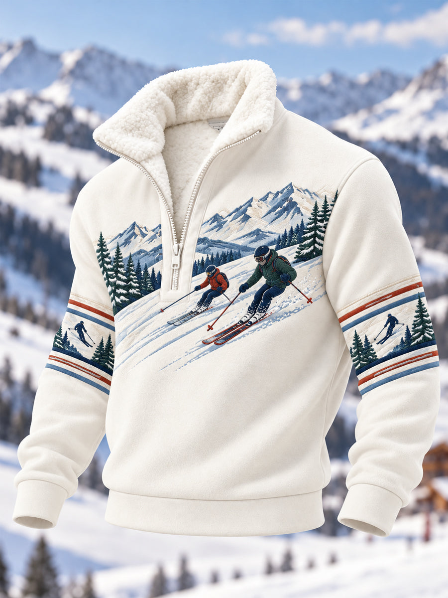 Men's Ski Lovers Ready For Ski Season Casual Plush Zipper Pullover