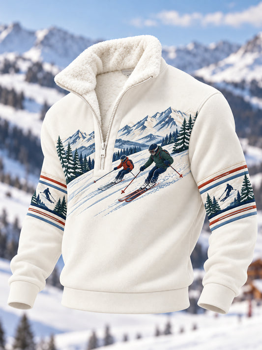 Men's Ski Lovers Ready For Ski Season Casual Plush Zipper Pullover