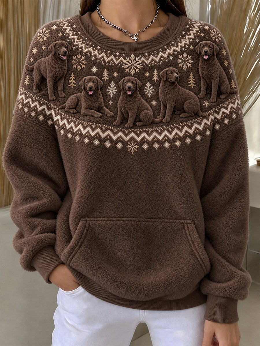 Women's Vintage Chocolate Labrador Dogs Yoke Isle Pattern Print Flannel Sweatshirt