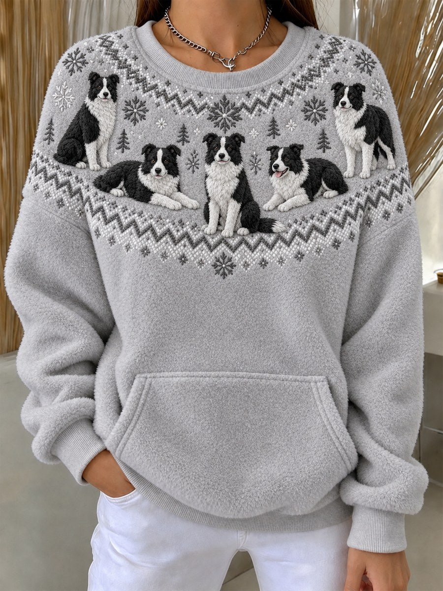 Women's Vintage Border Collie Dogs Yoke Isle Pattern Print Flannel Sweatshirt