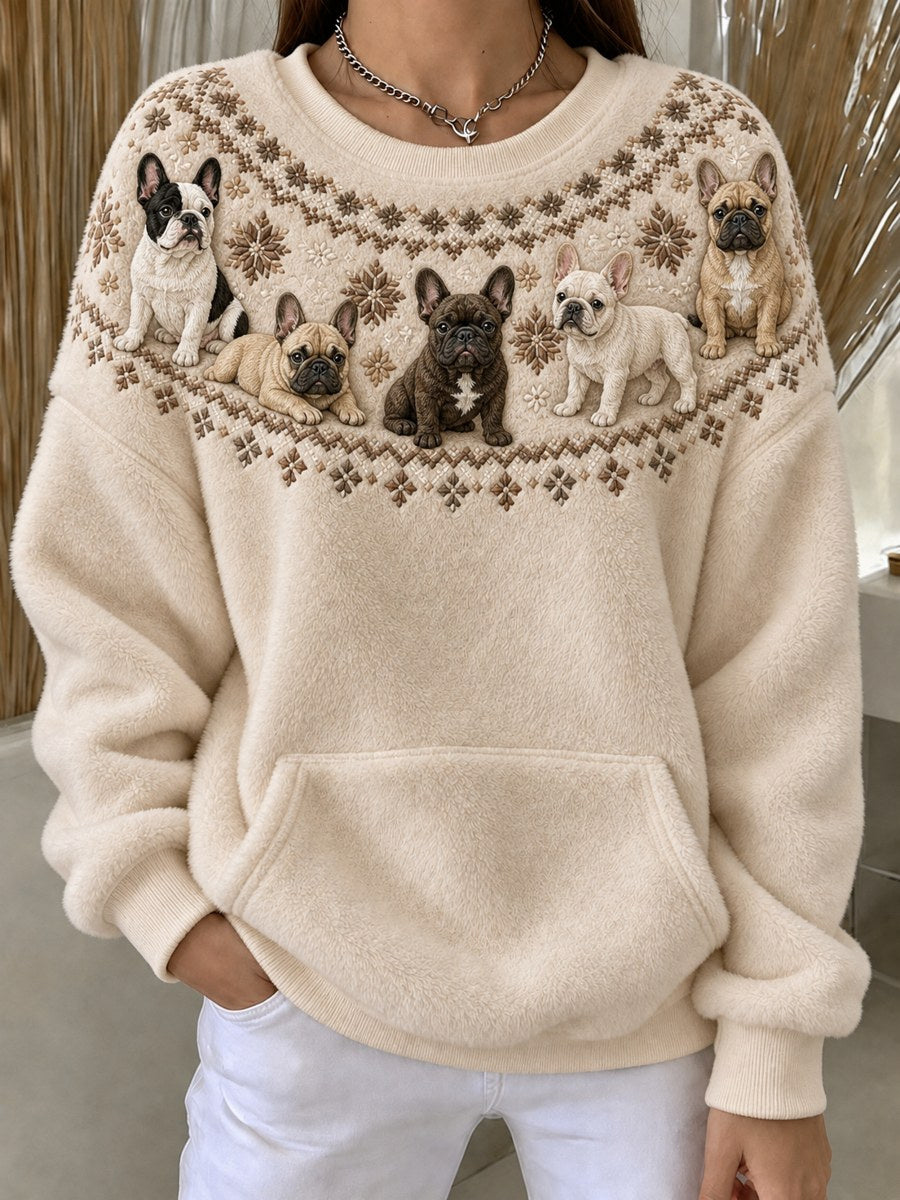 Women's Vintage French Bulldogs Yoke Isle Pattern Print Flannel Sweatshirt