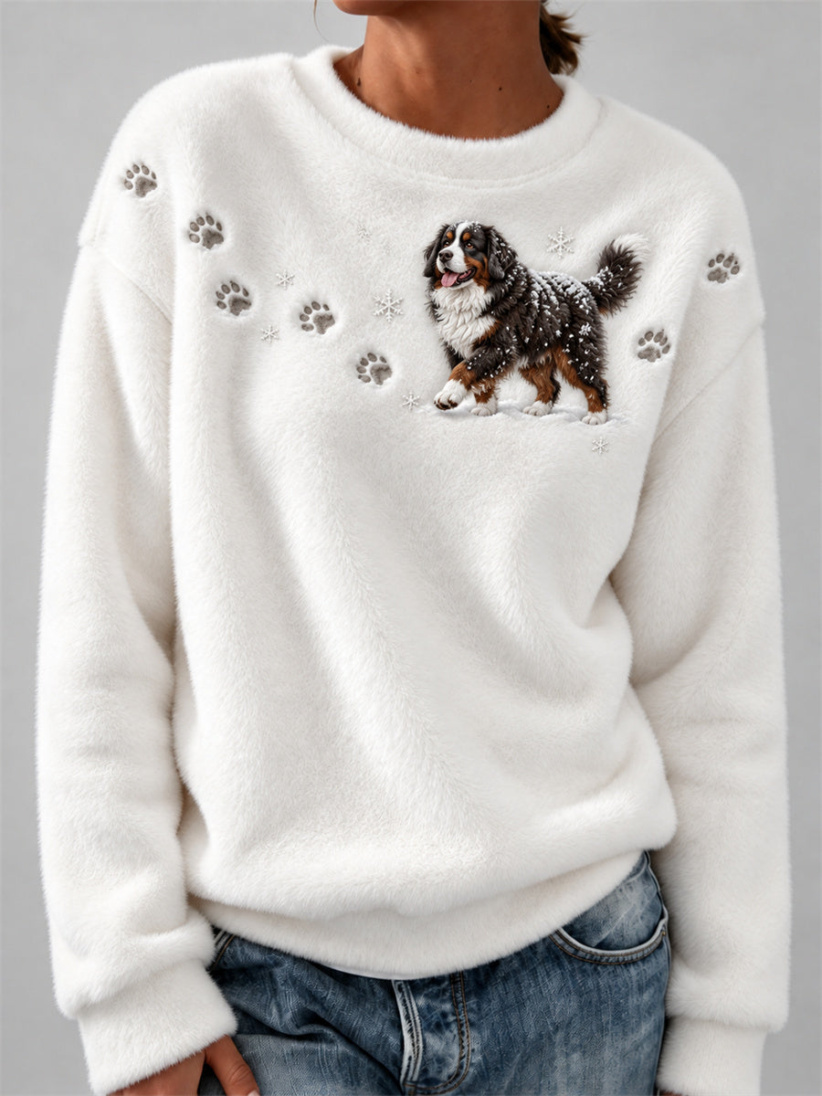 Women's Bernese Mountain Dog in the Snow Paw Prints & Snowflakes Print Cozy Flannel Sweatshirt