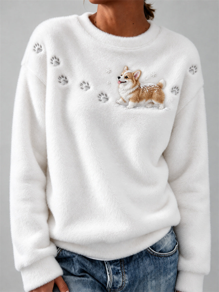 Women's Corgi Dog in the Snow Paw Prints & Snowflakes Print Cozy Flannel Sweatshirt