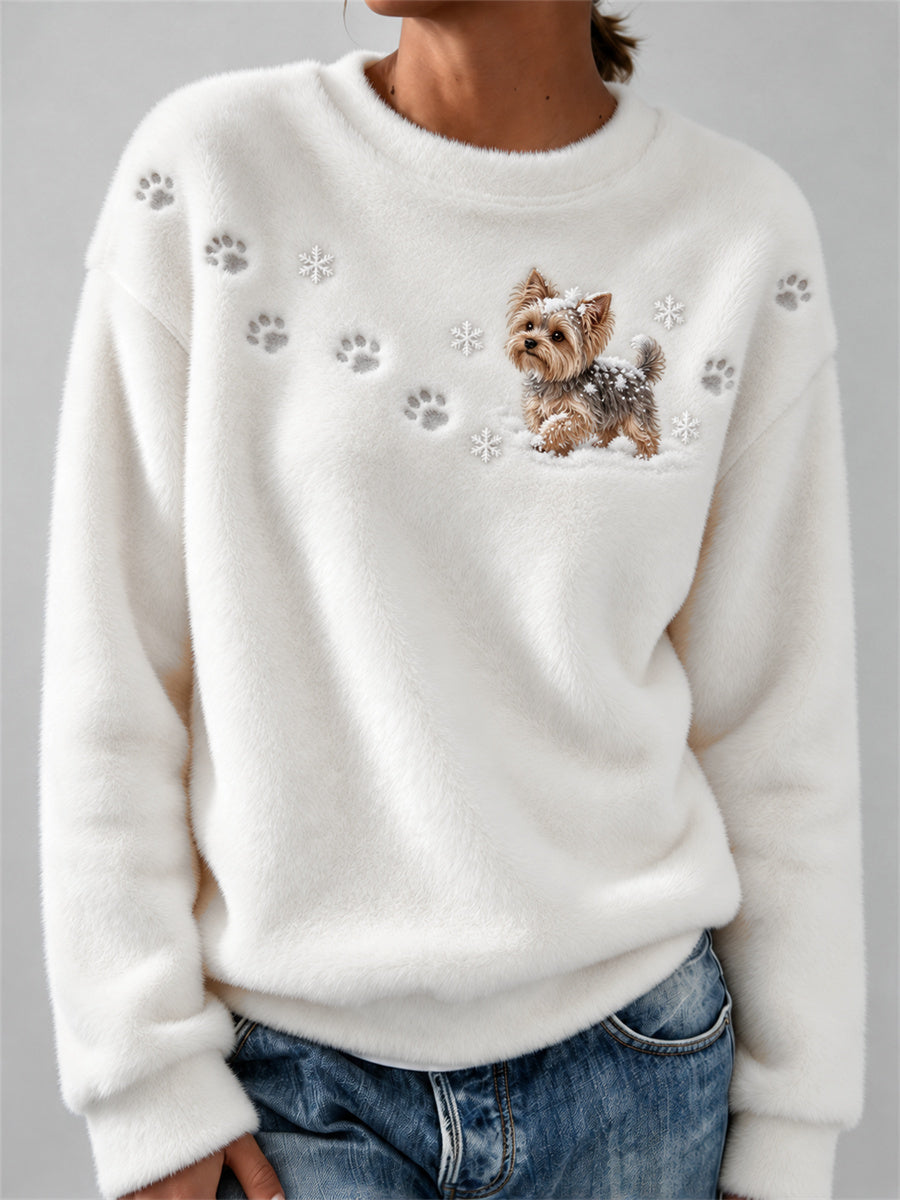 Women's Yorkie Dog in the Snow Paw Prints & Snowflakes Print Cozy Flannel Sweatshirt