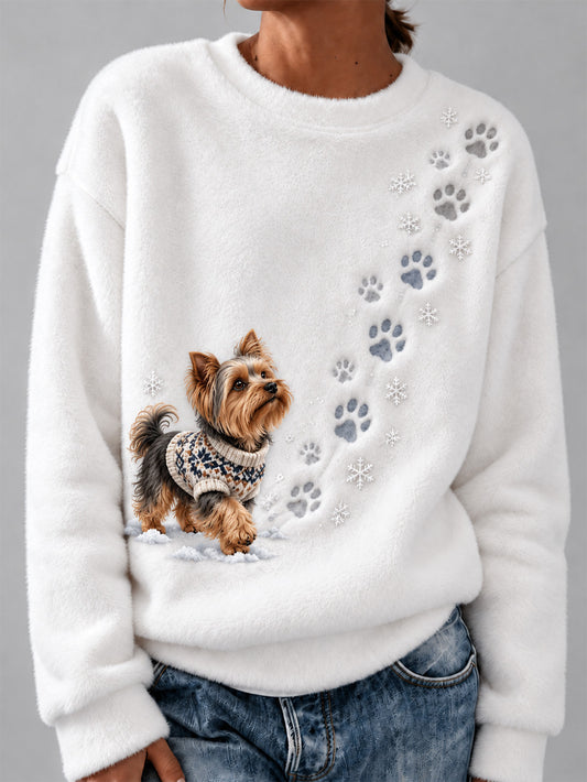 Women's Winter Snowy Yorkshire Terrier Pattern Casual Flannel Sweatshirt