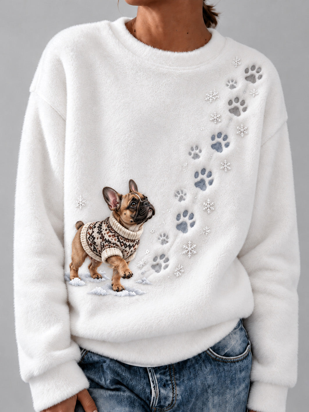 Women's Winter Snowy French Bulldog Pattern Casual Flannel Sweatshirt