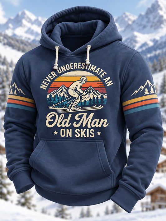 Men's Funny Never Underestimate An Old Guy On Skis Ready For Ski Season Casual Hoodie